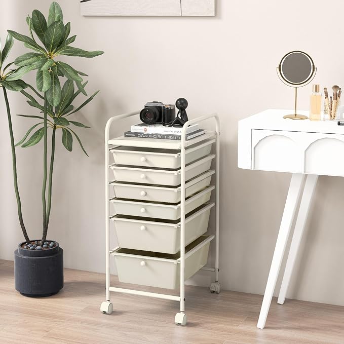GOFLAME 6-Drawer Rolling Storage Cart, Multifunctional Art Supply Organizer Cart, Mobile Utility Storage Cart with Removable Drawers & Lockable Wheels, Craft Cart for Home Office, White
