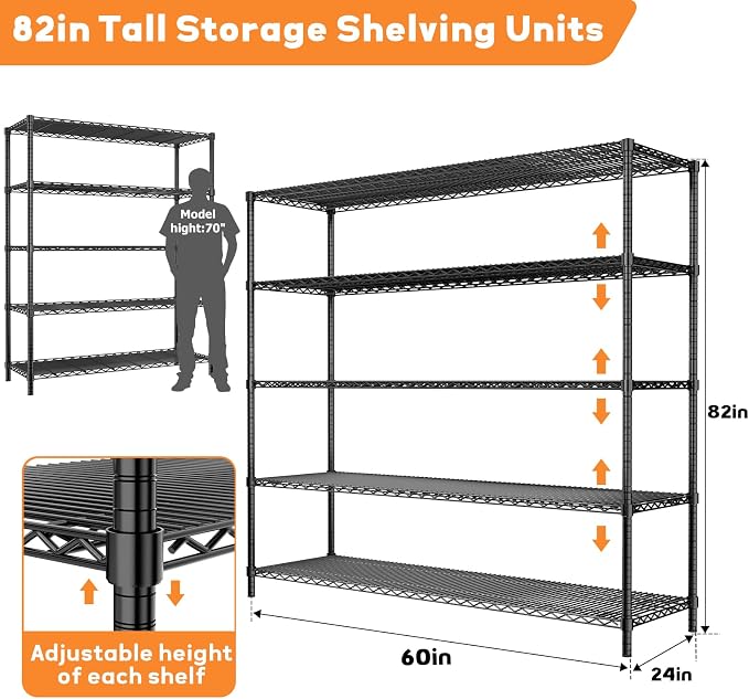 ROOMTEC 5-Tier Heavy Duty Garage Shelves, 60"W*24"D*82"H, Max Load 4000LBS | Wire Shelving Unit, Adjustable Storage Shelves, Industrial Metal Shelf Rack for Pantry,Warehouse,Basement, Kitchen