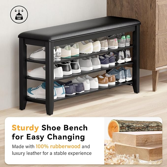 Taitiy Shoe Rack Bench Entryway Storage, Shoe Organizer Bench for Entryway, Ideal for Front Doors Entrances Hallway Mudroom Featuring Rubberwood and 3 Height-Adjustable Removable Shelve
