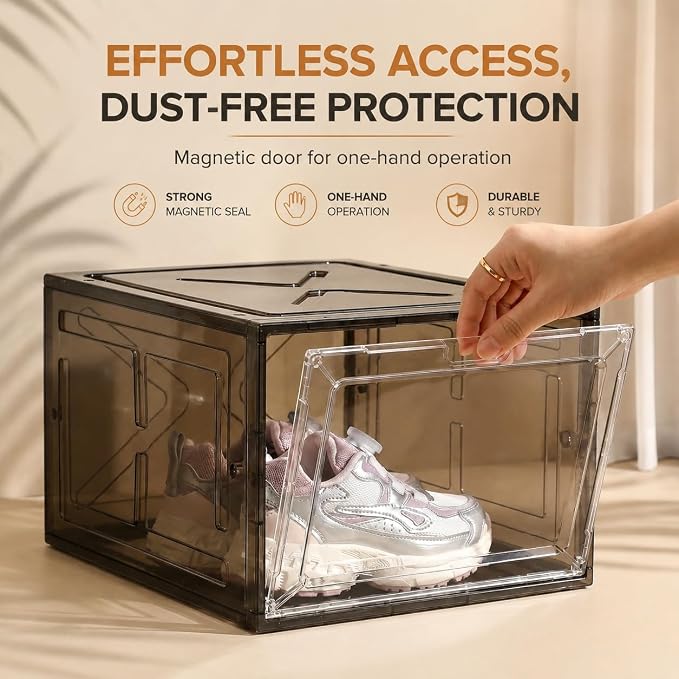 Translucent Black Shoe Storage Boxes, 2026 2nd Gen Thickened Hard Plastic Stackable Organizer with Magnetic Door, Folding Shoe Racks for Closet, Premium Sneaker Display Cases, 6 Pack