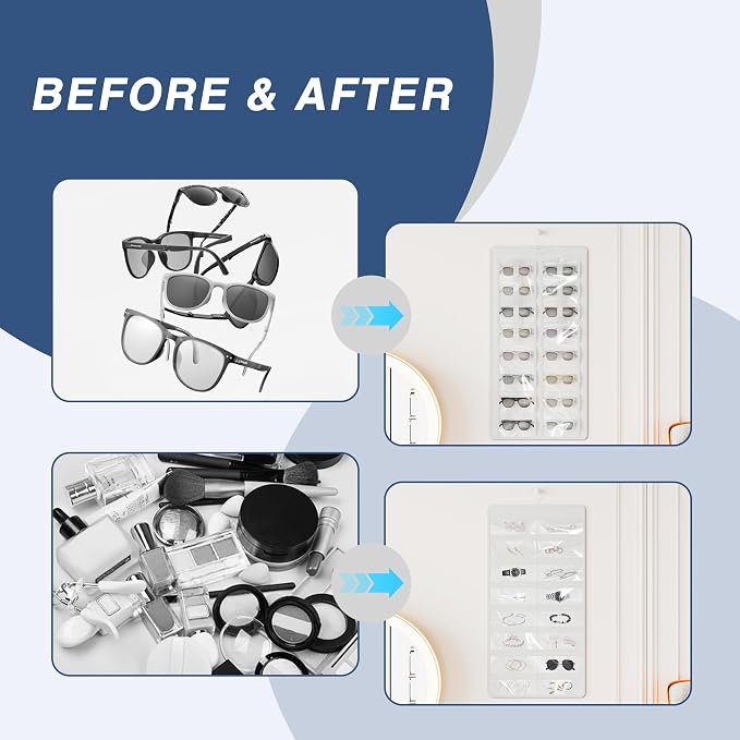 Hanging Sunglasses Organizer and Storage, 32 Slots Jewelry Holder, White | Protect eyewear from dust with double-sided clear compartments; roof design hangs on wall, door or closet for home/RV travel.