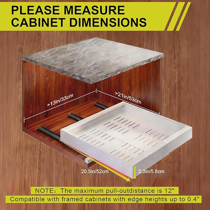 1-Pack Expandable Pull Out Cabinet Organizer 21" Deep with 3 Slide Rails, Adjustable Width (12"-22") Drawer Organizer for Kitchen Pantry Base Cabinets, Fixed with Roll Out Shelves Adhesive, White