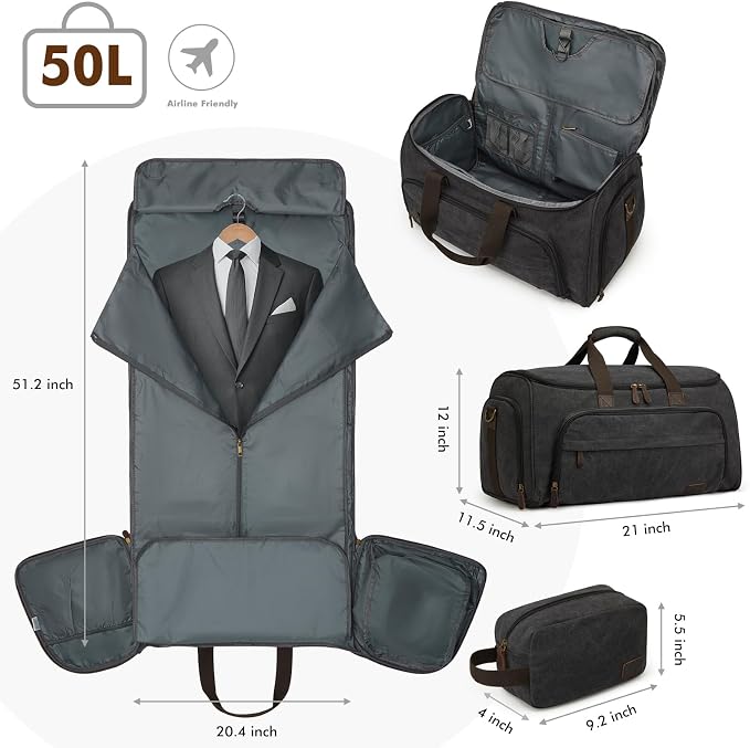 S-ZONE Carry On Garment Bag for Travel Convertible Garment Duffle Bag Suit Bags for Men Women Travel 2 in 1 Hanging Suitcase Business Travel Bag with Toiletry Bag, Black, 50l | 2-in-1 Hanging Suitcase, with Toiletry Bag, Wet/Dry Pockets, Shoe Compartme...
