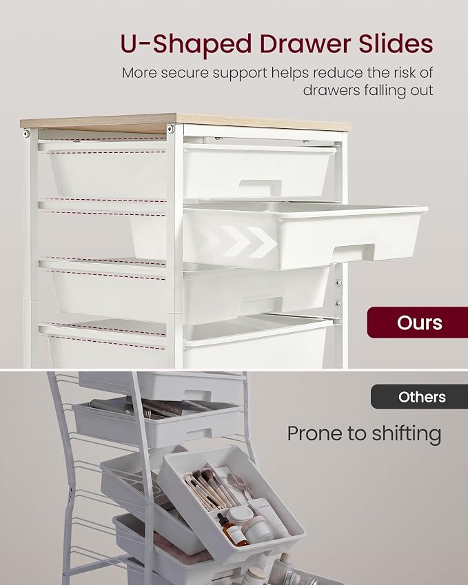 VASAGLE 5-Drawer Rolling Storage Cart, Mobile Organizer Trolley with Wood Top and Metal Frame, for Craft Room, Office, 15.6 x 11.2 x 24.8 inch, White, Benco Collection ULRC005W101