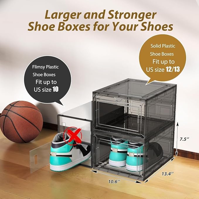10 Pack Thickened Clear Stackable Shoe Organizer Storage Boxes with Magnetic Door, Sneaker Display Cases for Closet, Entryway & Under Bed Storage, Space Saving Shoe Storage Solution, Gray