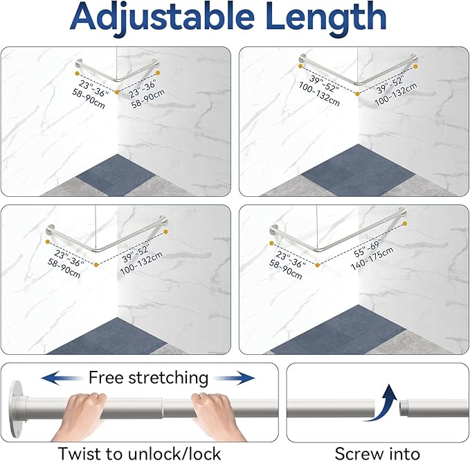 L Shaped Shower Curtain Rods, Adjustable (23''-69'' X 23''-69'') Corner Shower Rod with 12 Shower Curtain Rings, All 304 Stainless Steel, for Bathroom, Bathtub, Clothing Store, Need to Drill, Silver