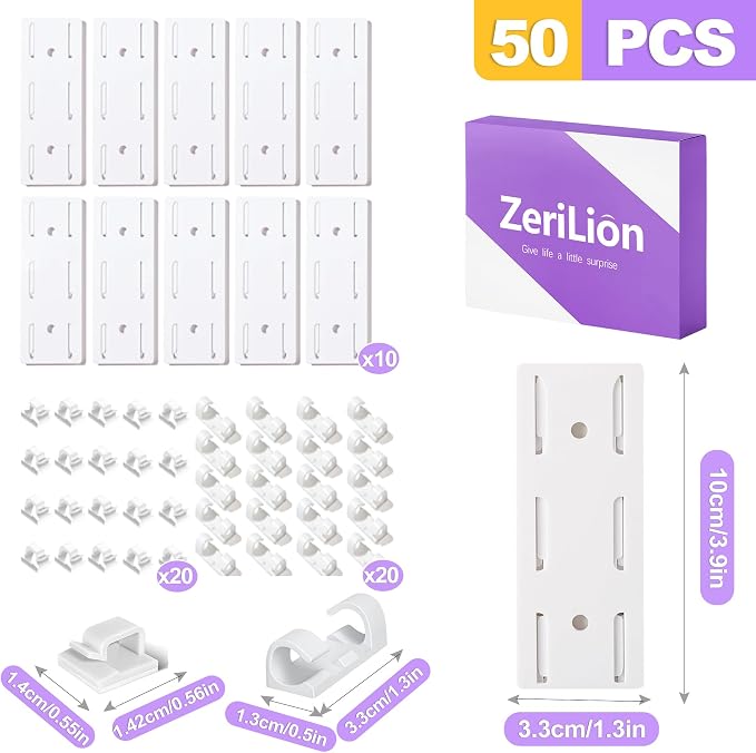 10 Pack Self-Adhesive Power Strip Holders with 40 Cable Clips, Punch-Free Wall Mount for Power Strip and Cable Management, Space-Saving Cord Organizer for Home Office