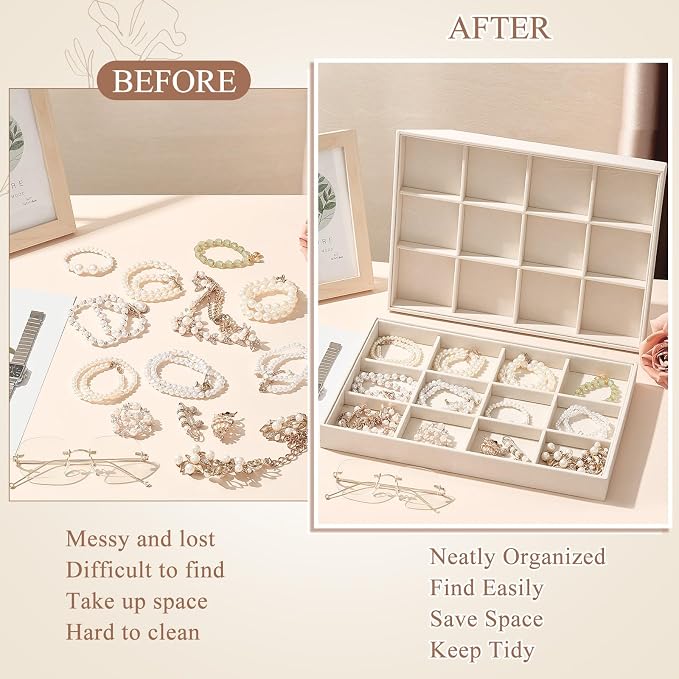 Cinnvoice 4 Pcs Stackable Jewelry Organizer Tray, 12 Grids Velvet Bracelet Ring Necklace Tray, Jewelry Organizer Trays for Drawer Display Selling Bangle Necklace Earring Showcase Storage(Beige)