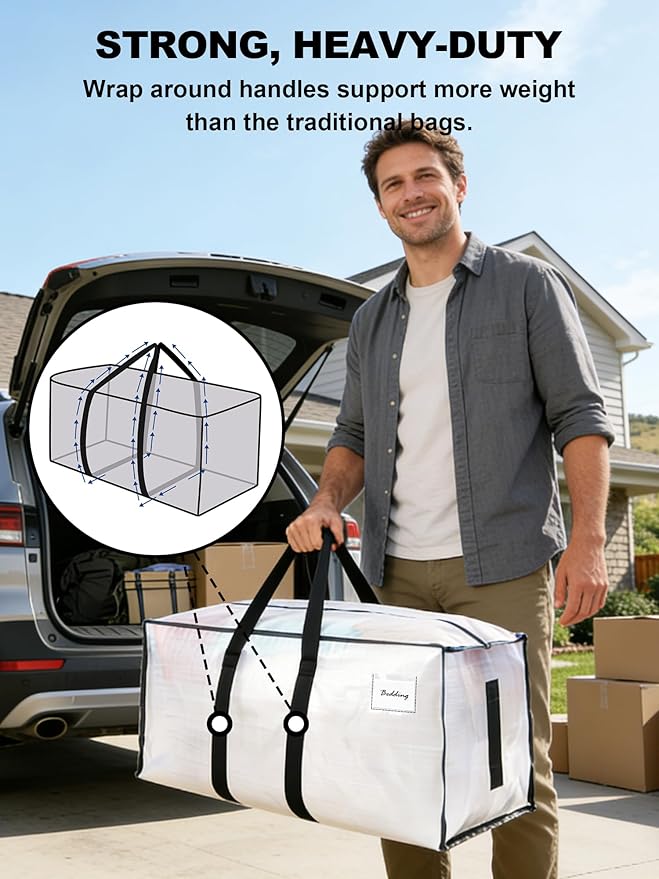 HOMESURE Supports 200lbs Heavy Duty Moving Bags - Strong Zipper & Wrap-Around Handles - Water-Resistant Storage Totes, Durable Alternative to Moving Boxes - 40 Pack - Semi-Transparent