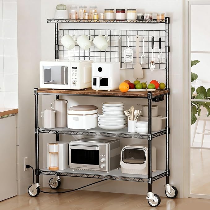 Bakers Rack with Power Outlet & Storage,36In Microwave Stand Kitchen Cart | 4-Tier Metal Kitchen Shelves Cart with Wheels & 20 S-Hooks for Kitchen, NSF Certified, 63 x 18 x 36 Inch-Black