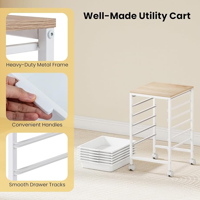 LDAILY Rolling Cart with Drawers, 6 Drawer Rolling Storage Cart with Wooden Tabletop, Metal Frame & Lockable Wheels, Craft Organizers and Storage for Home Office Classroom (White, 6 Drawer)