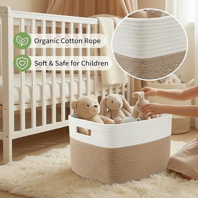 JMvicyroam Woven Blanket Basket,96L Large Storage Bin for Blankets Toys Clothes,Decorative Rope Basket for Living Room Bedroom with Handles, White&Oatmeal