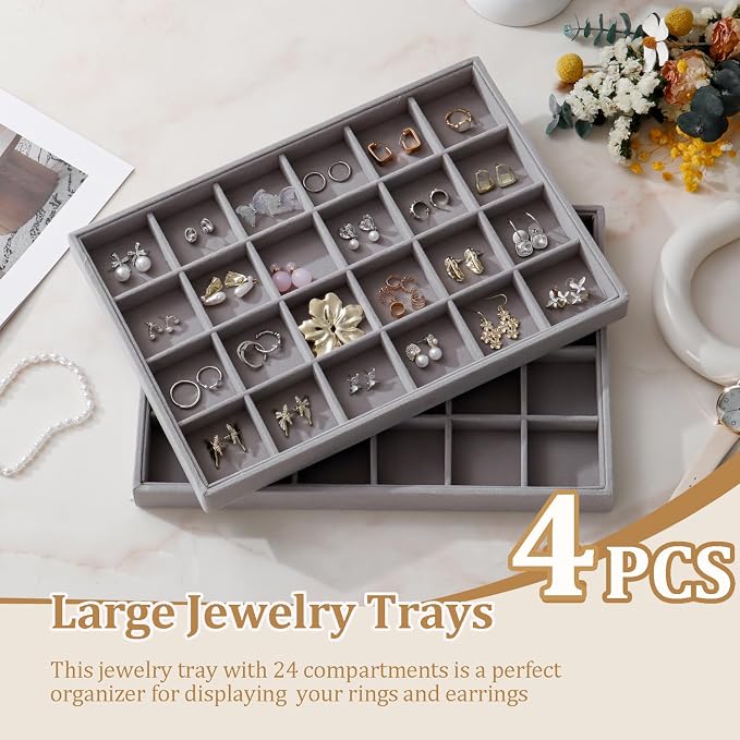Large Stackable Jewelry Tray 4 Pack Velvet Jewelry Display Drawer Inserts Trays Organizer for Earring Bracelet Necklace Ring (Gray, 24 Grids)