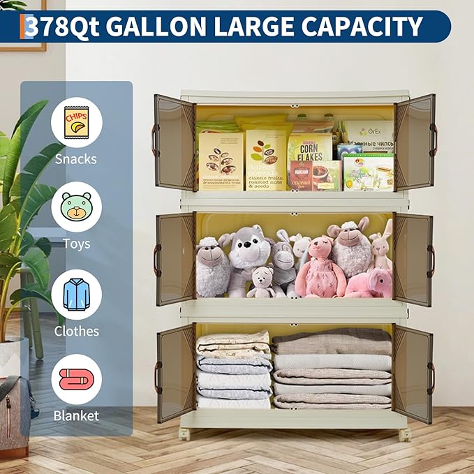 Garvee 378QT Stackable Storage Bins, Plastic Bins for Storage with Lids, Plastic Storages Drawers with Magnetic Doors & Wheels, Foldable Collapsible Closet Organizers for Home, Dorm, Office, White