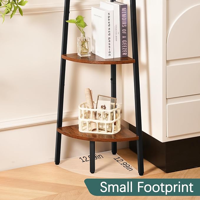 Yoobure 5‑Tier Corner Shelf – Sturdy Metal Frame & Wood Ladder Bookshelf, Space‑Saving Display Shelves for Plants & Books, Easy Assembly, for Bedroom, Living Room, Office, Balcony