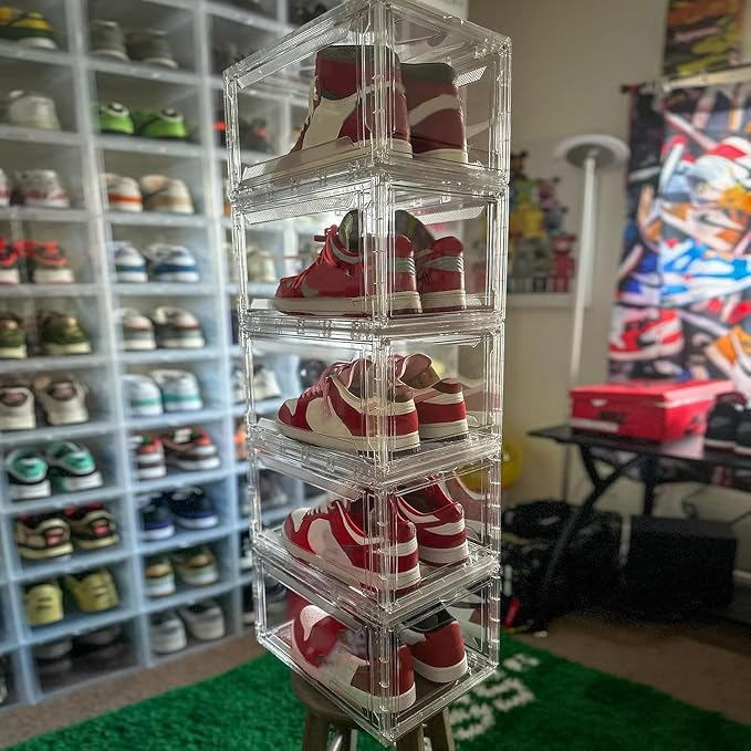 12 Pack Shoe Boxes, Rigid Clear Acrylic Panels Sneaker Display Cases | Magnetic Stackable Drop Front Shoe Storage Container Fits Men’s Size 15