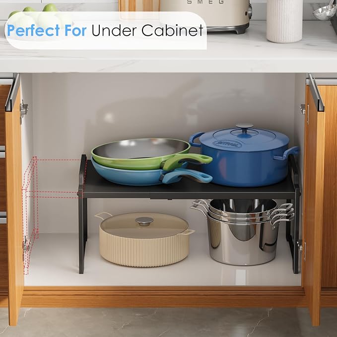 2 Pack 11” Depth Expandable Kitchen Cabinet Organizer Shelves, Metal Kitchen Countertop Organizers and Storage Shelving, Heavy Duty Stackable Storage Rack Shelf For Pantry Cupboard Counter Tabletop