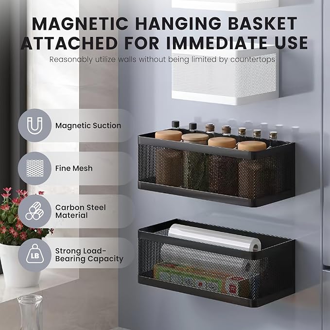1 Pcs Magnetic Shelf For Fridge Shelves For Whiteboard Classroom Basket Organizer Holder Locker Storage Magnetic Bin Box Containers For Side Of Refrigerator (Black, 6.3''L*4.9''W*3.9''H)
