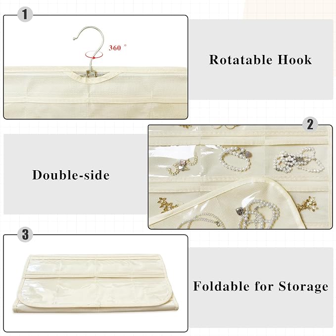 Hanging Jewelry Organizer 80-Pocket Double-Sided Storage, 2-Pack, Beige