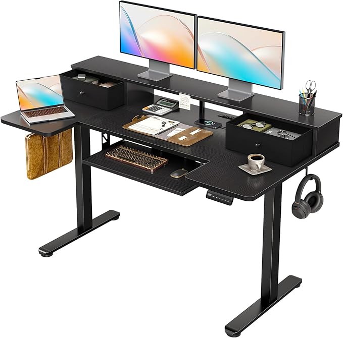 OffiGo 55 Inch U Shape Standing Desk with Keyboard Tray & Drawers, Black | 3 Outlets & 2 USB Ports, Dual-Monitor Stand, 10 Colors & 10 LED Modes, 3 Presets, 28.3"-46.5"in Range, 154 lb Capacity