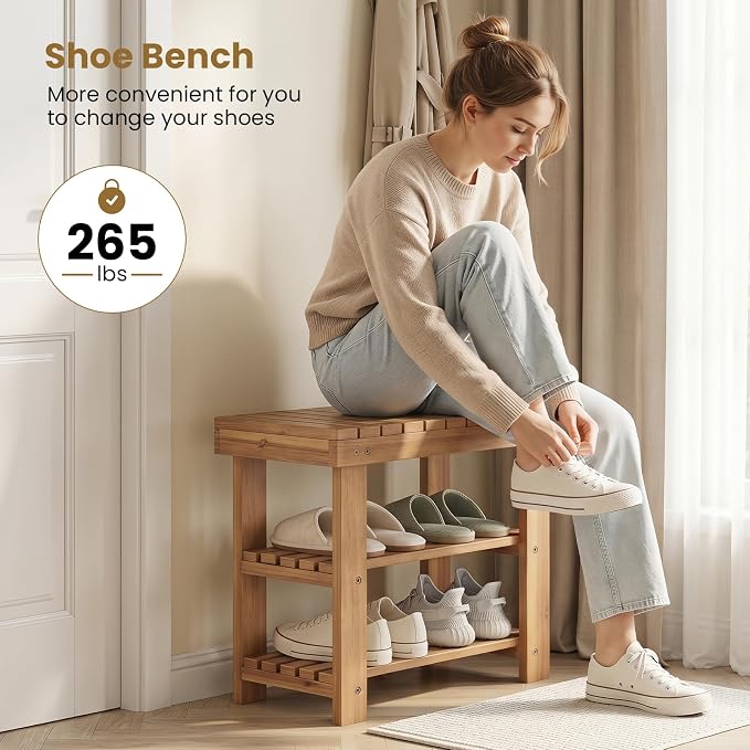 GOFLAME Wooden Shoe Rack Bench, 3-Tier Free Standing Entryway Bench Seat with Slatted Shelves, Shoe Storage Organizer for Entryway, Hallway, Bedroom, Living Room, Small Space, 19"x11"x18"