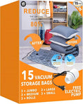 GONGSHI Vacuum Seal Bags for Clothing Travel & Home Storage, Travel Vacuum Bags with Pump,Space Saver for Blankets, Comforters, Pillows, Clothes,15 Combo with Electric Pump