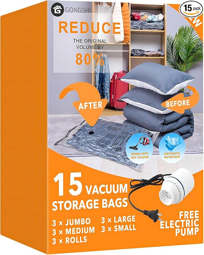 GONGSHI Vacuum Seal Bags for Clothing Travel & Home Storage, Travel Vacuum Bags with Pump,Space Saver for Blankets, Comforters, Pillows, Clothes,15 Combo with Electric Pump