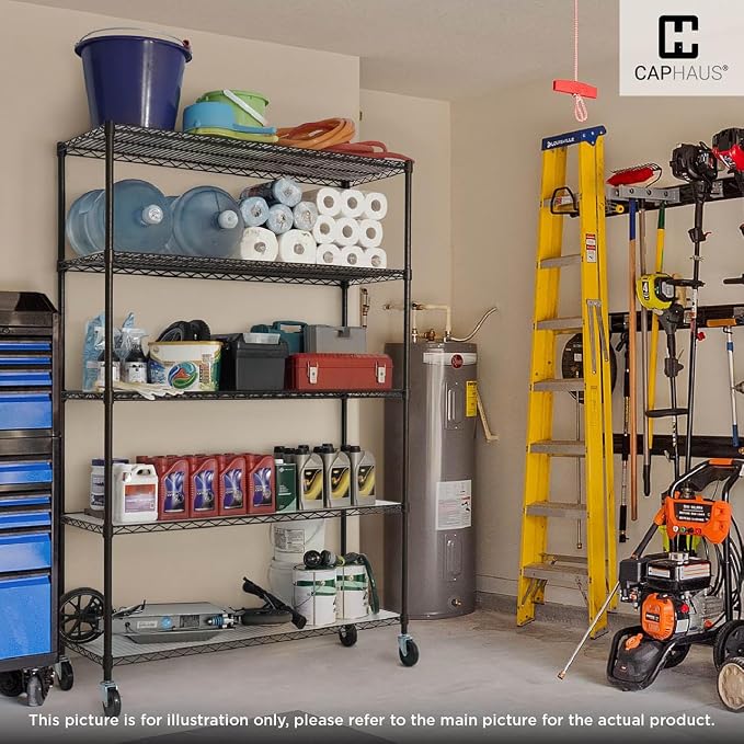 CAPHAUS NSF Commercial Grade Wire Shelving w/Wheels, Leveling Feet & Liners, Storage Metal Shelf, 48 x 18 x 76 5-Tier No Liner (RWW-CH48185HDW-BK@CH-CM)