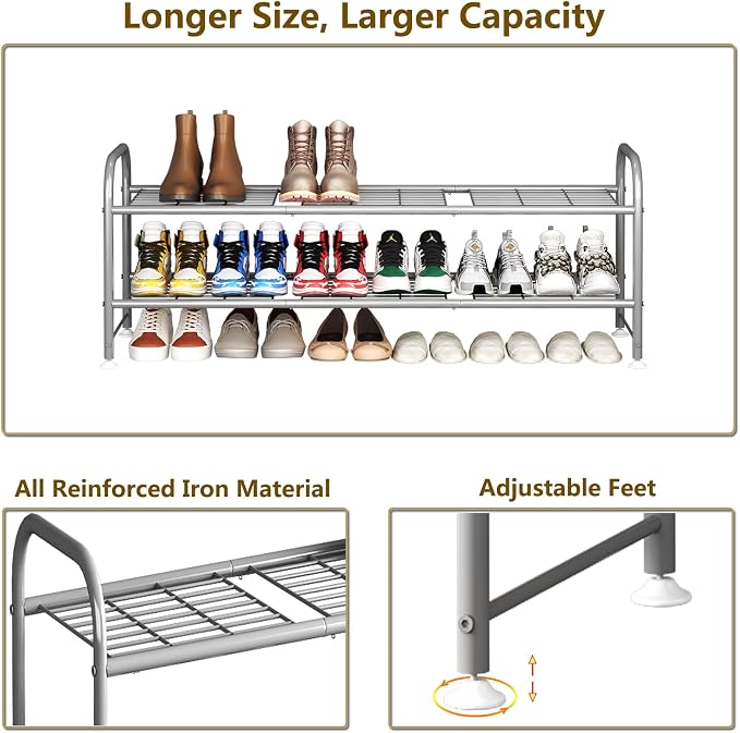 LINZINAR 2 Tier Long Shoe Rack for Closet Metal Shoe Organizer for Entryway | Spacious design stores 15+ pairs of shoes,durable metal frame,space-saving organizer for closet, hallway, and Entryway Grey