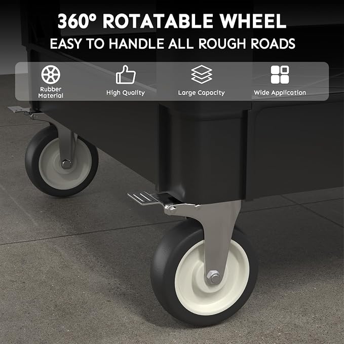 Plastic Utility Cart on Wheels, 45 x 25 Inch Rolling Service Cart-Black | 2 Shelf Work Carts, 500 lbs Capacity Heavy Duty Tool Cart W/Tub Storage & Deep Shelve, for Warehouse, Garage, Cleaning