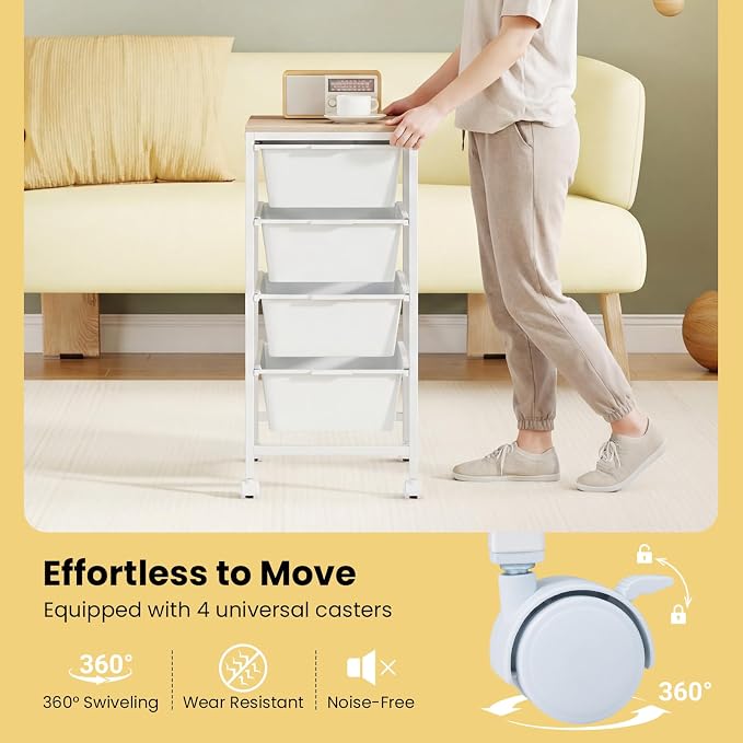 LDAILY Rolling Cart with Drawers, 4 Drawer Rolling Storage Cart with Wooden Tabletop, Metal Frame & Lockable Wheels, Craft Organizers and Storage for Home Office Classroom (White, 4 Drawer)