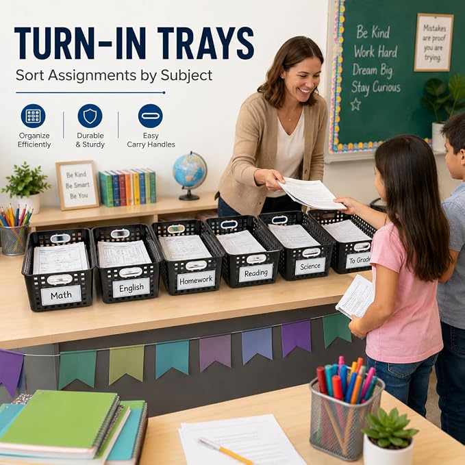 6 Pack Plastic Classroom Storage Baskets, Organizer Bins with Handle | Black Color 11" × 7.1" × 4.6" Medium Papers Book Storage Organizer for School Classroom Library Office Home Desktop Bookshelf