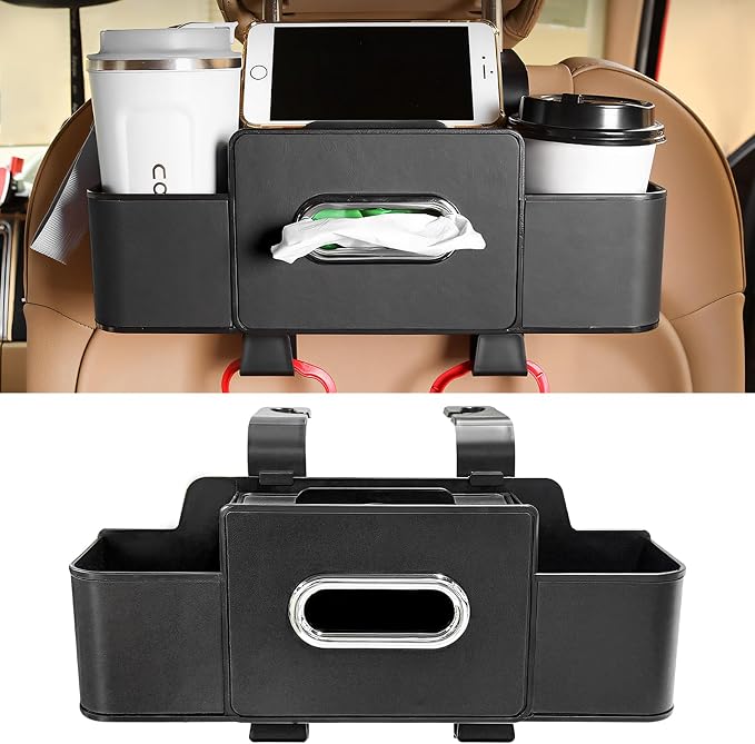 Car Back Seat Organizer, 3-in-1 Auto Seat Back Organizer with Tissue Box, Cup Holders & Hooks, Multifunctional Vehicle Backseat Hanging Organizers for Phones Drinks Handbags (Black)