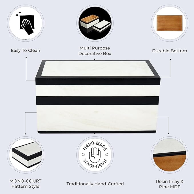 Handicrafts Home Large Decorative Storage Box with Lid – Black White Modern Jewelry Box, Keepsake Storage Box for Coffee Table, Bedroom, Shelf & Home Decor – Mono Court 10 x 5 x 5