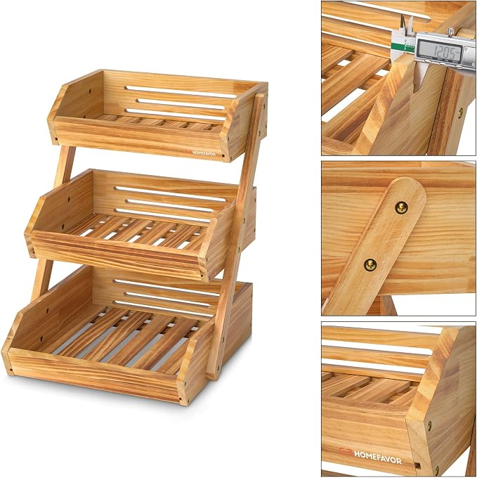 G.a HOMEFAVOR Wooden 3 Tier Fruit Basket, Brown, Pine Wood, Sturdy, Self-assembly