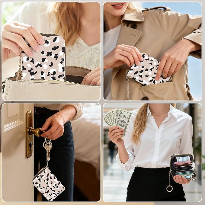 Credit Card Holder for Women,Small Rfid Wallet with Keychain Zipper,Cute PU Leather Card Case Wallet，Accordion Credit Card Wallets Gift,Leopard Print C