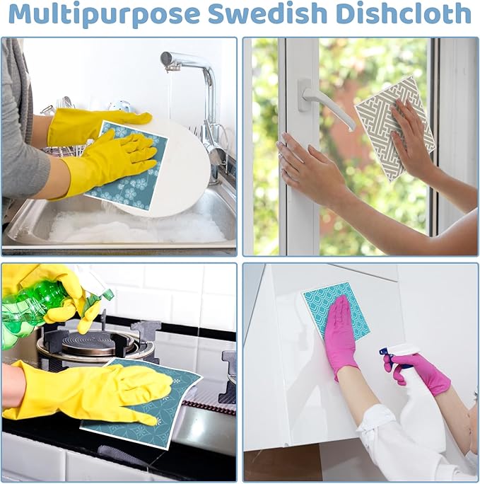 Needbrock 6 Pack Swedish Dishcloths for Kitchen, Geometric Pattern Swedish Rags Dish Towels with Clips, Reusable Paper Towels Washable Absorbent for Home Housewarming Cleaning Gifts for Mom