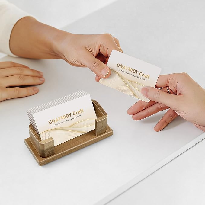 Business Card Holder for Desk, Acacia Wood Desktop Name Card Display Stand & Office Desk Accessories for Office Home Tabletop Exhibition