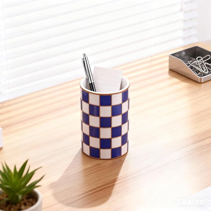 Ceramic Checkered Pen Holder For Desk,Cute Stand Black And White Pencil Cup,Durable Ceramic Pencil Cup, Decorative Makeup Brush Holder Cup, Stationery Holder for Office, School, Home (Blue)