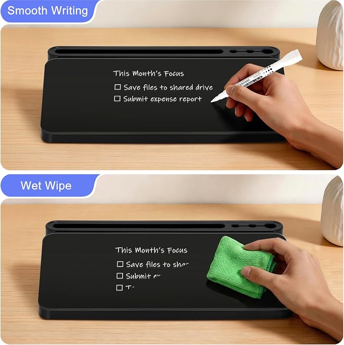 Small Desktop Glass Whiteboard with Storage, Desk White Board Stand Black | Computer Keyboard Stand, Office Desk Organizers and Accessories with Drawer, To Do Memo Notepad, Home School Supplies
