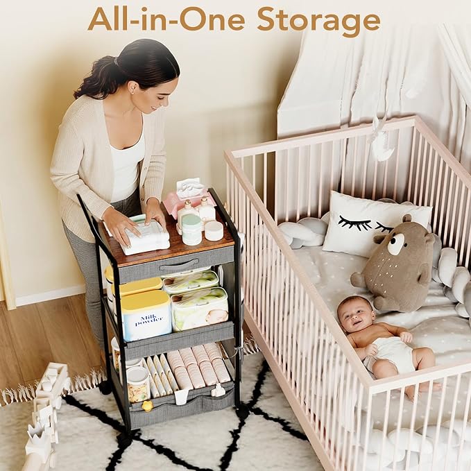 BBLIKE 3-Tier Diaper Caddy Organizer - Rolling Utility Baby Cart with Drawer and Side Pockets for Nursery and Baby Essentials, Multi-Function Cart for Bedroom and Bathroom, Gray