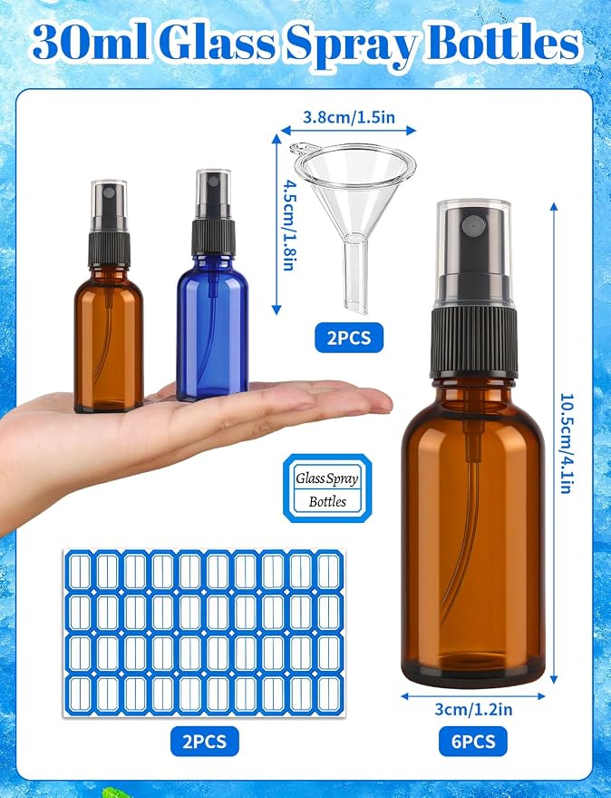 10 Pcs Glass Spray Bottles, 30ML/1OZ Amber Brown Fine Mist Refillable Small Travel Spray Bottle Empty with 2 Funnels and 2 Labels