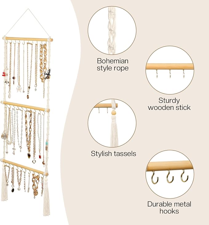 UREYMX Hanging Jewelry Organizer Macrame Necklace Holder, with 30 Hooks, Over Door Necklace Rack, Wall Mounted Jewelry Hanger with Tassel Boho for Necklace Headband Bow Earring Bracelet