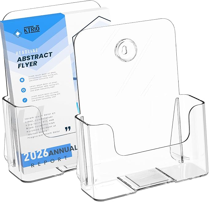 KTRIO Acrylic Brochure Holder 6 x 9, 2 Pack Bi-fold Flyer Display Stand | Desktop/Wall-Mount, Clear Plastic Stand Fits 6" Wide Magazines, Pamphlets, Booklets, Journals, Menus, Business Papers