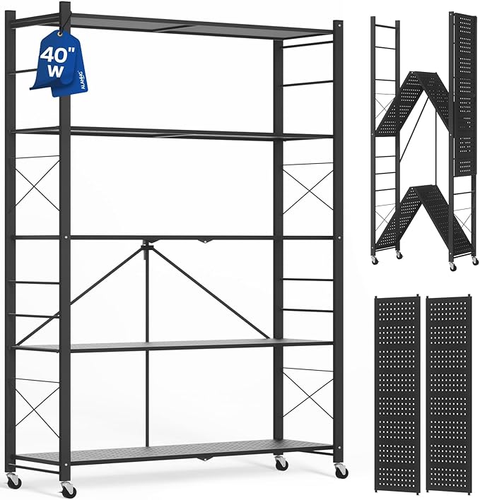 ALANNG 40" W Foldable 5-Tier Storage Shelves on Wheels Adjustable | Removable Metal Rack, Heavy Duty Rolling Organizer for Kitchen, Garage, Closet, Pantry, and Office (Black,1 Pack)