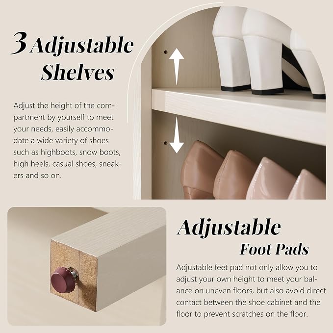 IFGET 71" Tall Arched Shoe Storage Cabinet, 7 Tiers 28 Pairs Wooden Shoe Rack with 3 Adjustable Shelves, Freestanding Shoe Closet Shelf Organizer for Entryway, Hallway, Living Room (Cream)