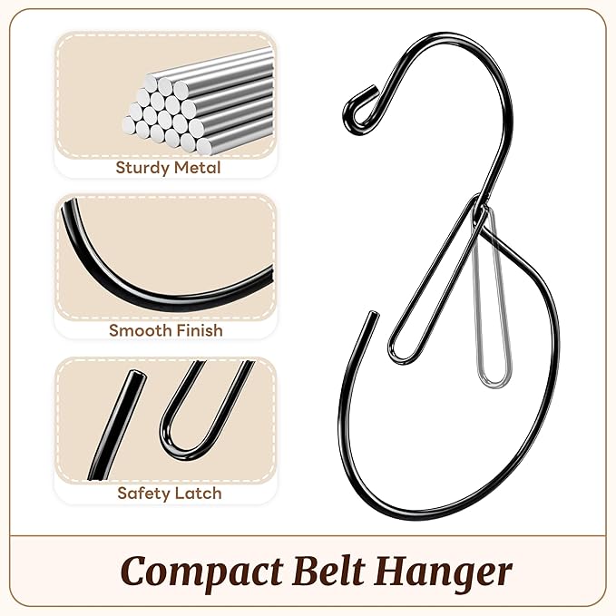 MEILIDY Metal Belt Hanger with Safety Buckle for Closet, Black, 4 Pcs | Compact Belt Rack, Easy to Hang, Fits for Belts, Ties, Jeans, Scarves, Hats, Purses, Jewelries, Cords, Carabiners