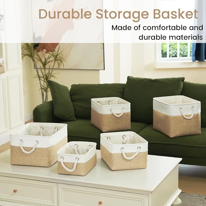 Large Storage Baskets- 15x11x10 inch Storage Bins for Shelves and Closet Organizing, Foldable Fabric Bin for Home Organization Clothes and Laundry (6-Pack, White&Khaki)