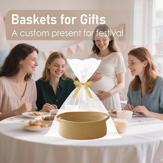JMvicyroam Woven Basket,Small Rope Storage Bin with Handles & Ribbon Bag, Organizer for Shelves Closets,Gift Basket Empty for Birthday,Books,Dog Toys, Jute/2 Pack