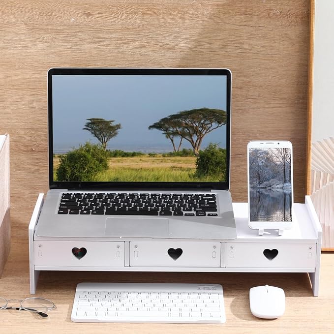 Computer Monitor Riser with Drawer Keyboard Storage Rack for Desk Organization Desk Shelf Organizer for Laptop 19.29 X 7.48 X 3.93 in White Wood-Composite
